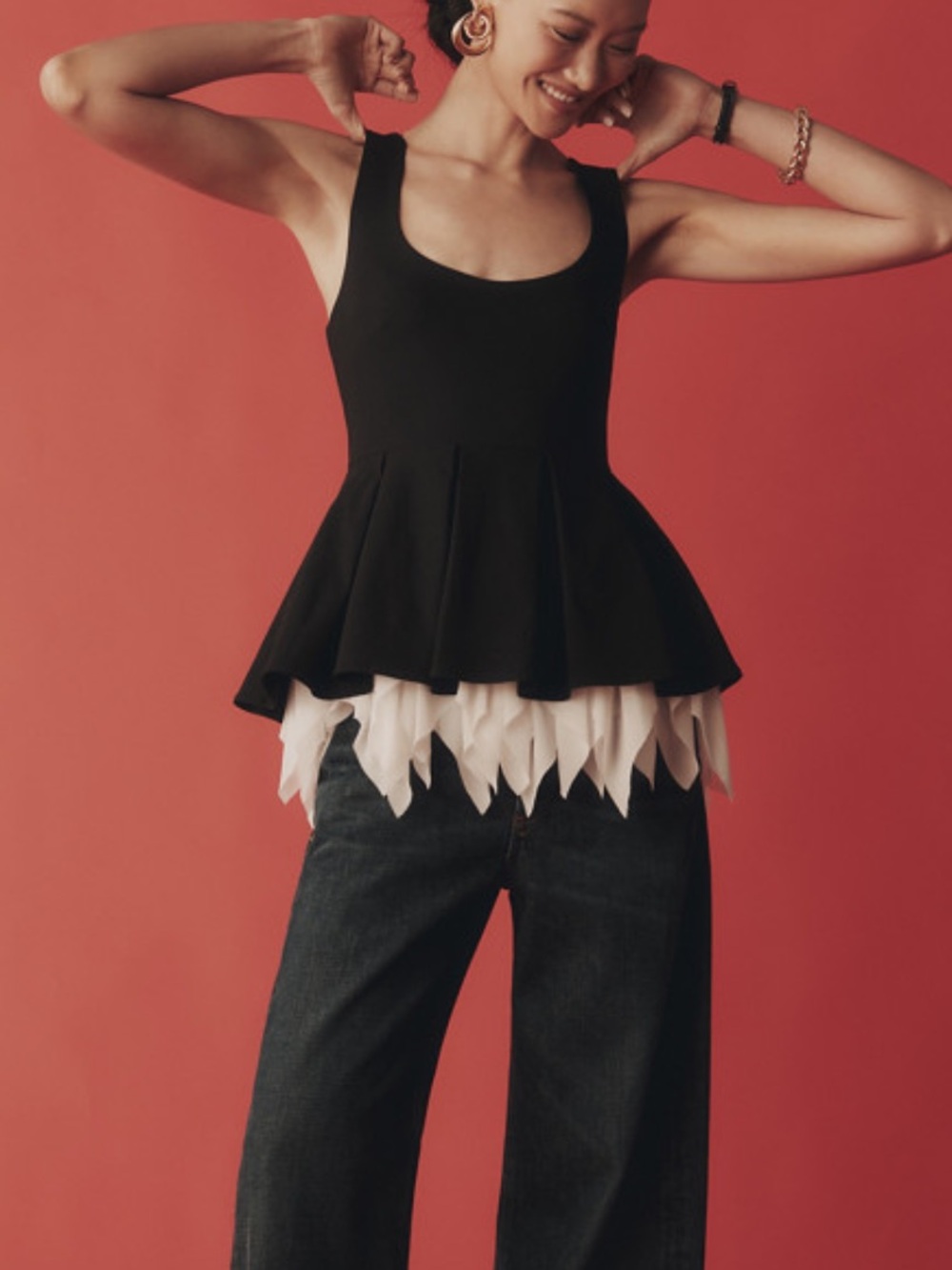 Sleeveless Peplum Frill-Hem Shell Top